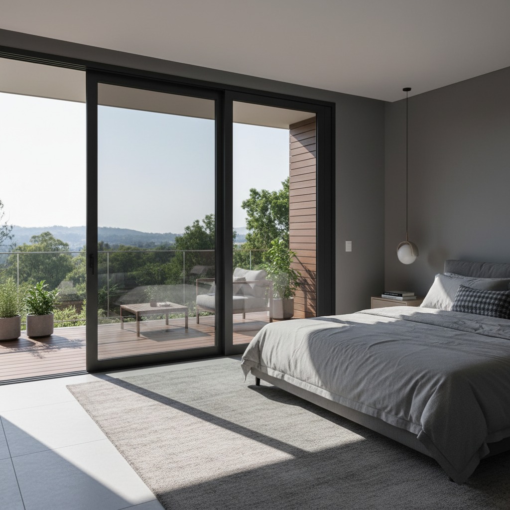 porta integrada linha suprema preta de 2 folhas em um dormitorio de uma casa